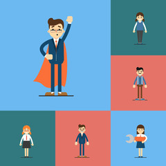 Fototapeta na wymiar Smiling young cartoon people characters stand on color background. Businessman in superhero red cloak. Business people, isolated vector illustration in flat design. Business team
