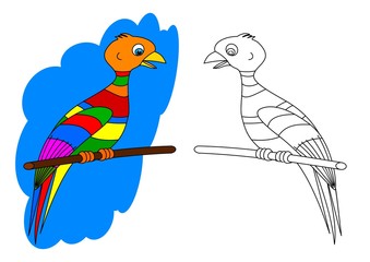 Colorful bird on a perch like a coloring book for young children - vector eps