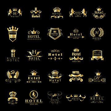 Hotel Logo Set - Isolated On Black Background - Vector Illustration, Graphic Design. For Web,Websites,Print,Presentation Templates,Mobile Applications And Promotional Materials