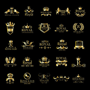 Royal Logo Set - Isolated On Black Background - Vector Illustration, Graphic Design. For Web,Websites,Print,Presentation Templates, App, Mobile Applications And Promotional Materials