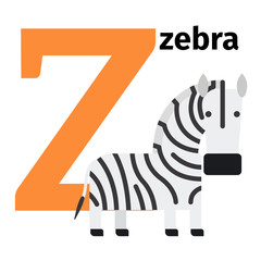 English animals zoo alphabet with letter Z. Zebra vector illustration