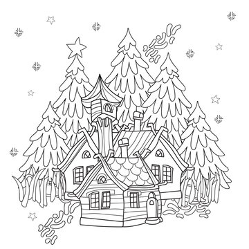 Vector cute christmas fairy tale village doodle.