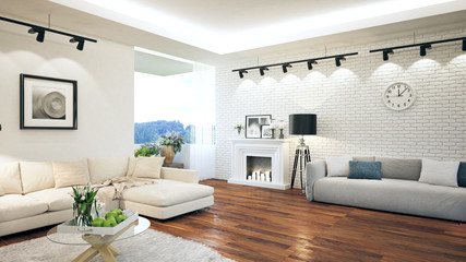 Modern bright interior . 3D rendering
