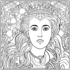 Queen on medieval floral pattern background.  Coloring book for