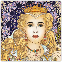Medieval Queen on floral background.