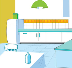 The illustration shows the interior of kitchen and kitchen utensils in a cartoon style