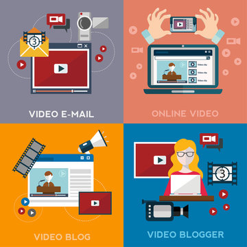 Online video blog design concept set with blogger media flat icons isolated isolated vector illustration