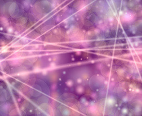 Laser light background - random steams of soft transparent light on a purple bokeh background with splodges of pastel pink
