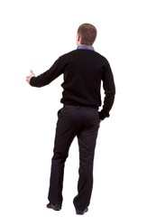 back view of businessman  reaches out to shake hands. Rear view people collection. backside view of person. Isolated over white background.