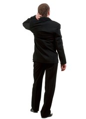 Obraz na płótnie Canvas Back view of thinking business man. thoughtful adult businessman in black suit . Rear view people collection. backside view of person. Isolated over white background.