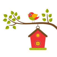 cartoon bird and birdhouse on a branch