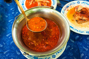 Traditional hungarian fish soup in Bogrács