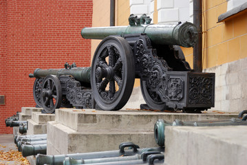 Old cannons shown in Moscow Kremlin. Color photo.