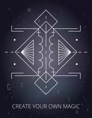 White vector linear illustration on cosmic background. Abstract mystic sign with magic geometric shapes, lines, circles, dots. Use for gold flash tattoo, print, logo design, motivational poster. Eps10