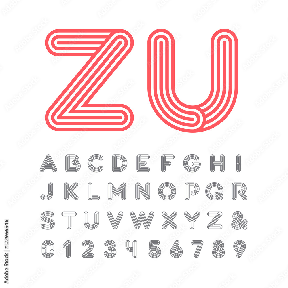 Fototapete linear font. vector alphabet with stripes effect letters and num