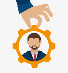 hand choosing a avatar man inside a gear. recruit human resource theme. colorful design. vector illustration