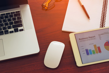 Desk work with laptop,tablet in top view.