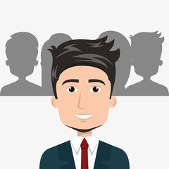 avatar man smiling and people silhouettes behind. human resources theme. vector illustration