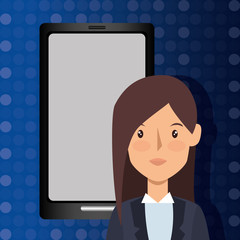 smartphone portable and avatar business woman over blue background. vector illustration