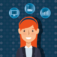 avatar business woman smiling and technology devices and graphic chart icons. vector illustration