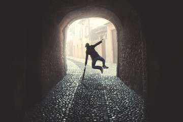 happy man jumping happy despite the bad weather