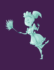 Colorful vector illustration of a cartoon green ghost maid cleaning