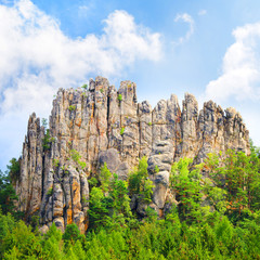 Amazing rock formation from sandstone towers in beautiful landscape. Sucha Skala, Cesky Raj, Czech Paradise in Czech Republic, Central Europe. Wonders in european nature. 