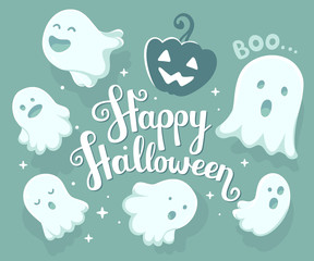 Vector halloween illustration of many white flying ghosts with e