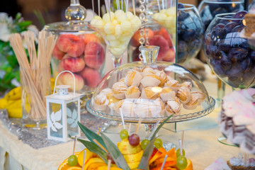 Banquet Table in restaurant served with different meals.