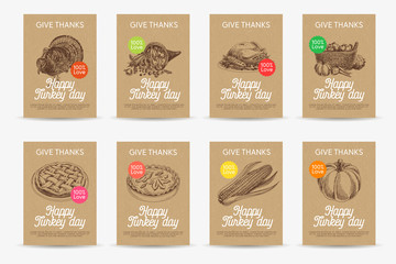 Vector hand drawn thanksgiving cards set. 
