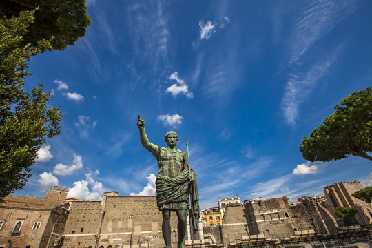 Caesar Octavian Augustus Statue in front of Ancient Trajan's Market in Rome, Italy