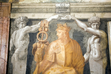 Ferdinand II of Aragon, "The Catholic", King of Spain, fresco painting from the room of the Fire in the Borgo, Vatican Museums