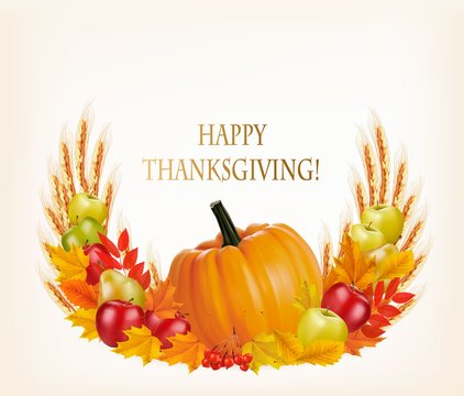 Happy Thanksgiving background with colorful autumn leaves and fr