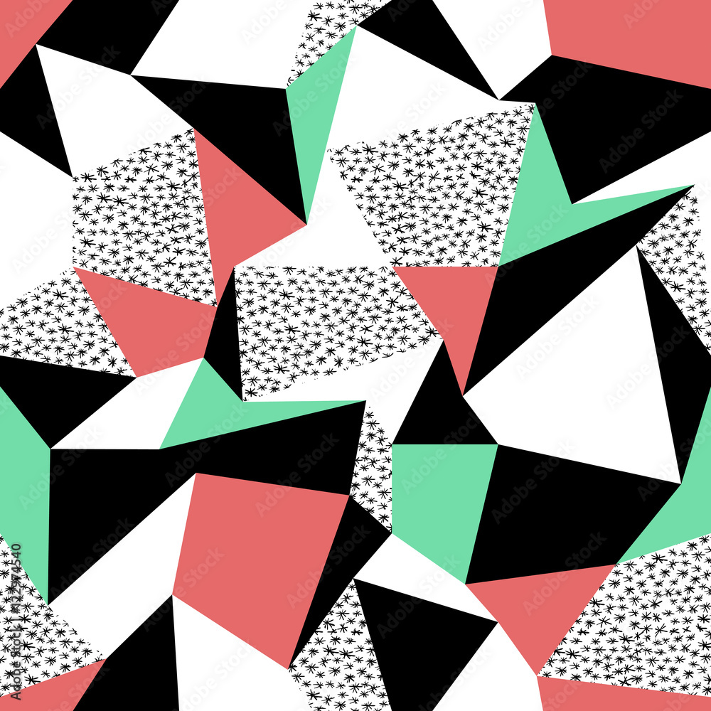 Poster Pink and green triangles pattern design. Seamless print in retro