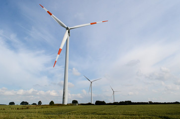 Fototapeta na wymiar Wind turbines in a landscape with blue sky
