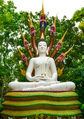 Obraz premium A white statue of buddha with naga's heads behind
