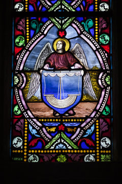 Stained glass window, Saint-Corentin Cathedral, town of Quimper, departament of Finistere, region of Brittany, France
