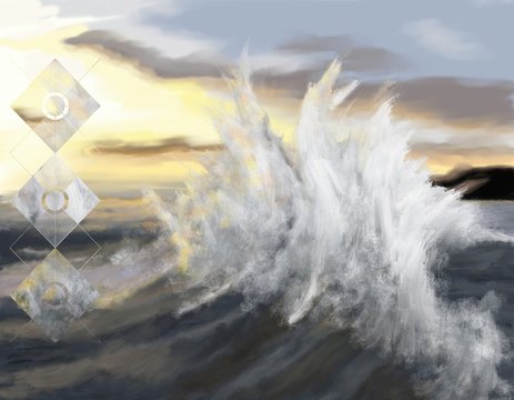 Formation d'une vague en bord de c&ocirc;te au soleil couchant. 3 formes g&eacute;om&eacute;triques en surimpression fa&ccedil;on polyscape, compl&egrave;te le tableau.