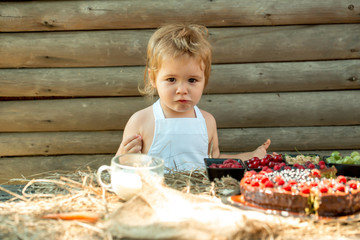 Cute little boy eats berries