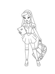 schoolgirl coloring pages cartoon illustration isolated image