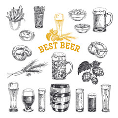 Octoberfest vector set. Beer products. Illustrations in sketch s