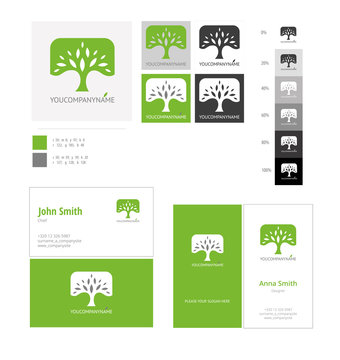 Eco concept logo tree template with color applications for logo and color variations. Vector logo tree corporate business card.