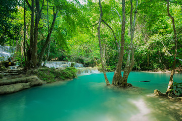 Beautiful and very nice green waterfall for relaxation, Erawan water fall, Located Kanchanaburi Province, Thailand