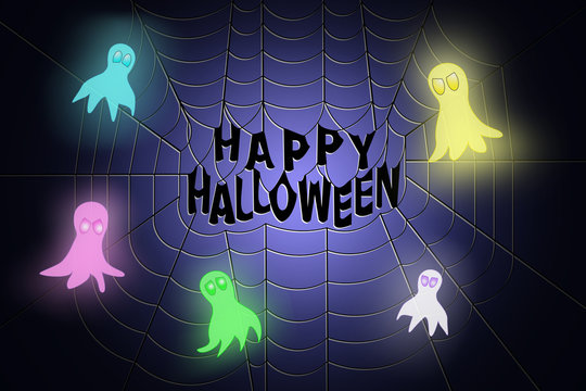 Spider web with Happy Halloween text in the middle, with ghosts flying around it, on blue to dark blue gradient background