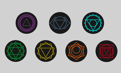 Set of  seven chakras icons. Symbols of energy centers. Yoga and