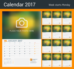 Wall Calendar Planner for 2017 Year. Vector Print Template with Place for Photo. Week Starts Monday. Set of 12 Months