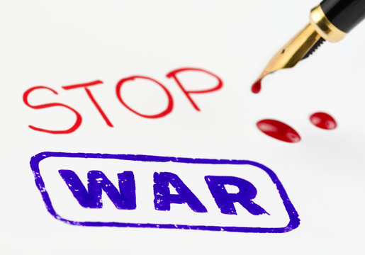 Stop war stamped with bleeding fountain pen