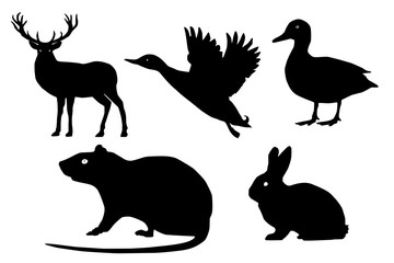 wild animals vector set. Isolated silhouette, deer, duck, mouse, rabbit. White background. side view