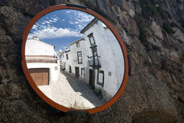 Traffic mirror, town of Marvao, Alto Alentejo region, southeastern Portugal - obrazy, fototapety, plakaty