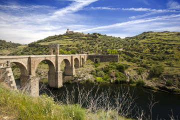 River Tagus and Roman bridge, Alcantara, Caceres, Spain